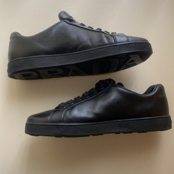 PRADA ALL BLACK LEATHER SNEAKERS - Picture 3 of 4